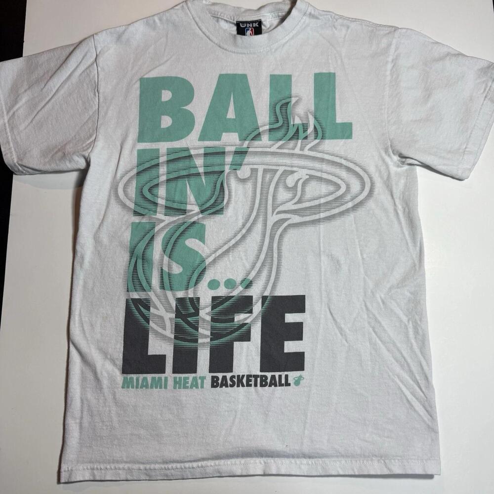Adult Medium Unk Brand Ballin Is Life White T Shirt Miami Heat Basketball M